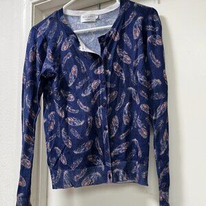 Miss Jolie London Feather Print Cardigan | Navy Blue Long Sleeve Sweater Small